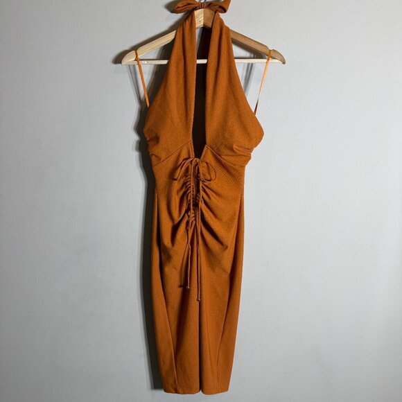 Saints + Secrets Halter Deep V Bodycon Dress Women's Small Rust Orange Vacation - Picture 4 of 14